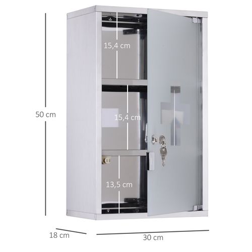Armoire à Pharmacie En Acier Inoxydable Avec Serrure Et Porte Verre Satinée, 30x18x50 Cm