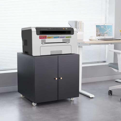 Meuble Imprimante Mobile Noir Avec Étagère Réglable Et Porte, Sur Roulettes 60 X 60 X 60 Cm