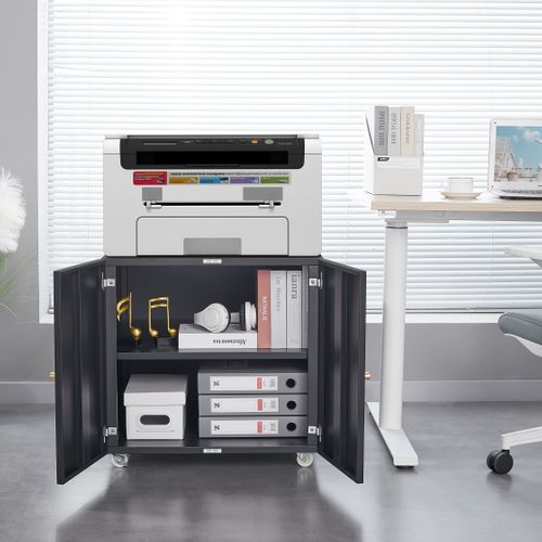 Meuble Imprimante Mobile Noir Avec Étagère Réglable Et Porte, Sur Roulettes 60 X 60 X 60 Cm