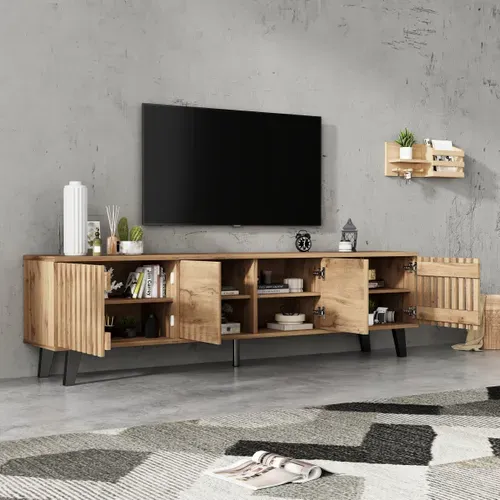 Meuble TV 180x40x55 Cm En Bois Naturel Avec 8 Compartiments, Pour TV Jusqu'à 70"