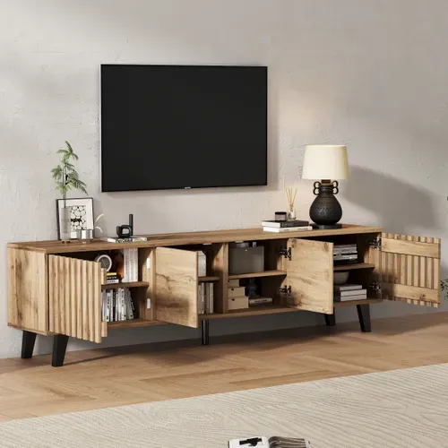 Meuble TV 180x40x55 Cm En Bois Naturel Avec 8 Compartiments, Pour TV Jusqu'à 70"