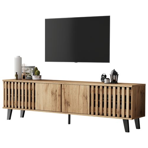 Meuble TV 180x40x55 Cm En Bois Naturel Avec 8 Compartiments, Pour TV Jusqu'à 70"