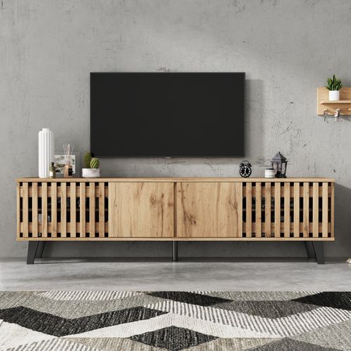 Meuble TV 180x40x55 Cm En Bois Naturel Avec 8 Compartiments, Pour TV Jusqu'à 70"