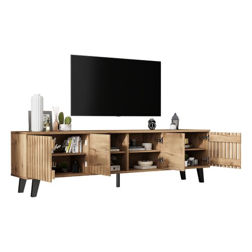 Meuble TV 180x40x55 Cm En Bois Naturel Avec 8 Compartiments, Pour TV Jusqu'à 70"