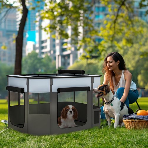 Parc Pour Chiots Pliable Avec Portes Et Fenêtres En Maille, Gris, 94x74x60 Cm