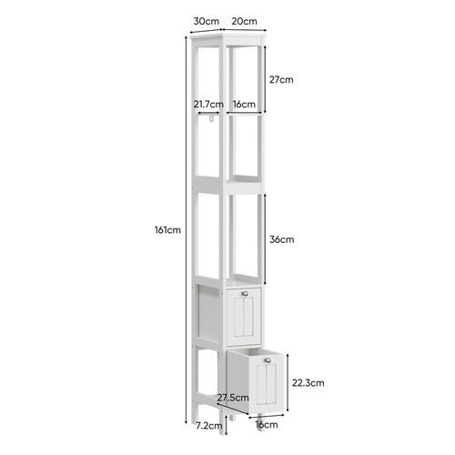 Colonne De Rangement étroite Blanche 20x30x160 Cm Avec Tiroirs Et étagères