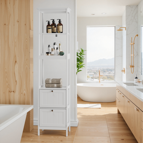 Colonne De Rangement Blanche 40x30x160 Cm Avec Tiroirs Et Étagères