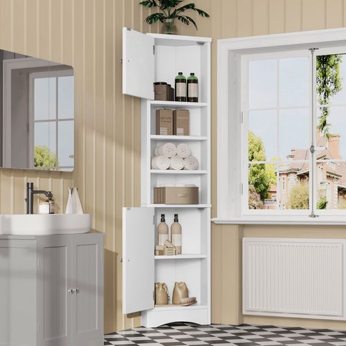 Armoire D’angle De Salle De Bain Blanche 37x24,5x170 Cm Avec Étagères Et Portes