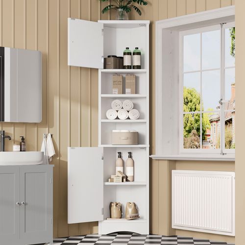 Armoire D’angle De Salle De Bain Blanche 37x24,5x170 Cm Avec Étagères Et Portes