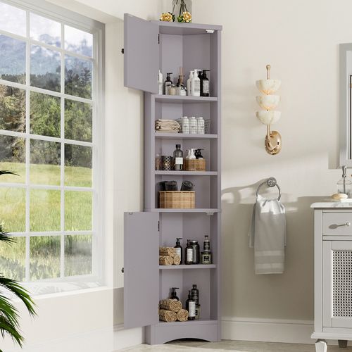 Armoire D’angle De Salle De Bain Grise 37x24,5x170 Cm Avec Étagères Et Portes