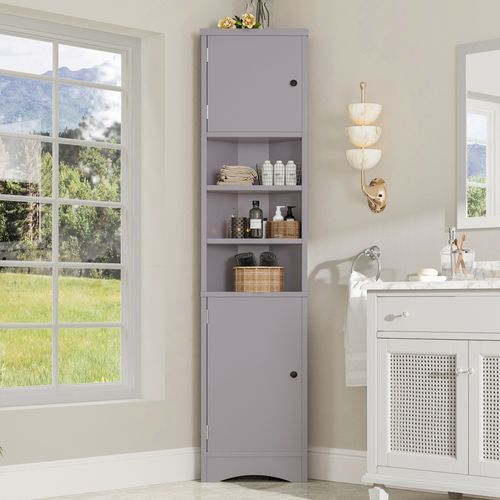 Armoire D’angle De Salle De Bain Grise 37x24,5x170 Cm Avec Étagères Et Portes