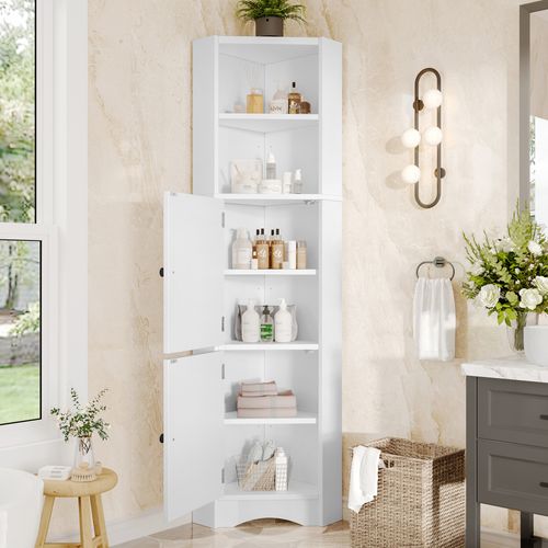 Meuble De Salle De Bain D’angle Blanc 51,7x32x155,4 Cm Avec Portes Et étagères Réglables