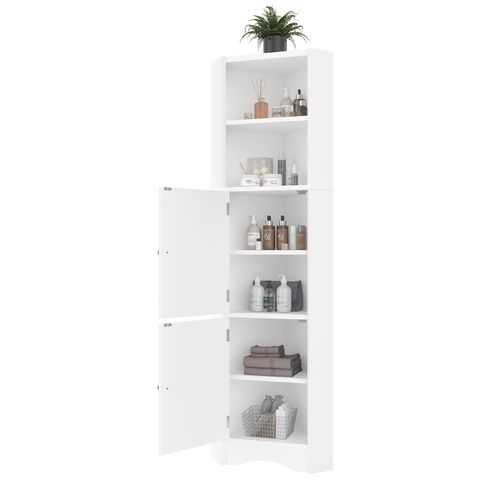 Meuble De Salle De Bain D’angle Blanc 51,7x32x155,4 Cm Avec Portes Et étagères Réglables
