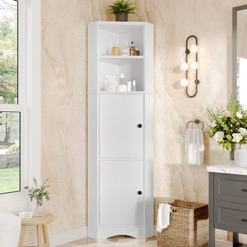 Meuble De Salle De Bain D’angle Blanc 51,7x32x155,4 Cm Avec Portes Et étagères Réglables
