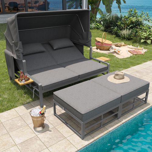 Chaise Longue 2-4 Places Avec Canapé Convertible Et Toit Pliant, Extérieur/intérieur