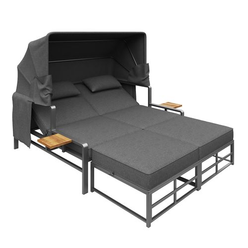 Chaise Longue 2-4 Places Avec Canapé Convertible Et Toit Pliant, Extérieur/intérieur