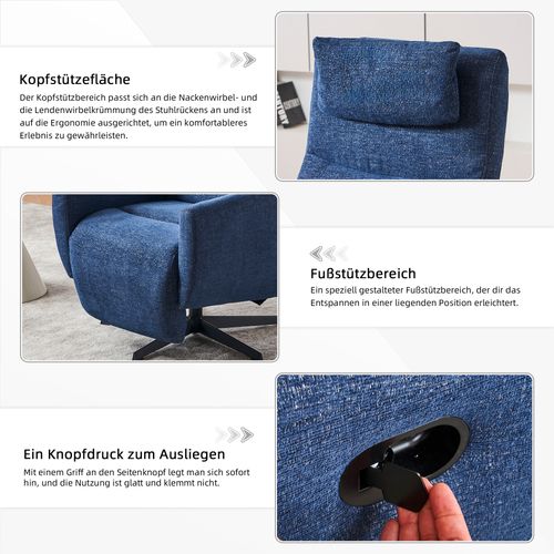 Fauteuil Relax En Chenille Bleu Avec Fonction Relax, Pivotant 360°, Avec Repose-pieds