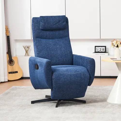 Fauteuil Relax En Chenille Bleu Avec Fonction Relax, Pivotant 360°, Avec Repose-pieds