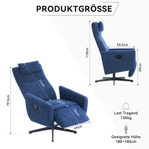 Fauteuil Relax En Chenille Bleu Avec Fonction Relax, Pivotant 360°, Avec Repose-pieds