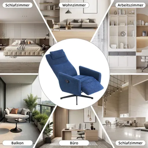 Fauteuil Relax En Chenille Bleu Avec Fonction Relax, Pivotant 360°, Avec Repose-pieds