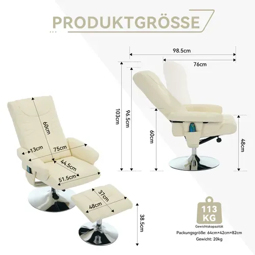 Fauteuil Relax Beige En Pu Avec Massage 5 Points, Chauffage Et Repose-pieds