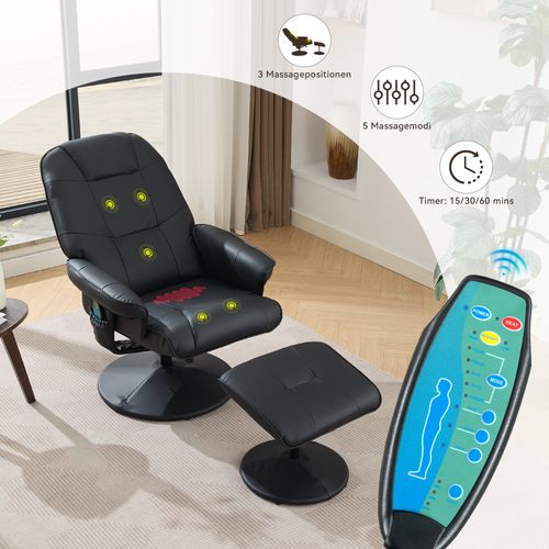 Fauteuil De Massage Inclinable En Pu Noir Avec Chauffage, Repose-pieds Et Rotation 360°