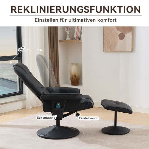 Fauteuil De Massage Inclinable En Pu Noir Avec Chauffage, Repose-pieds Et Rotation 360°