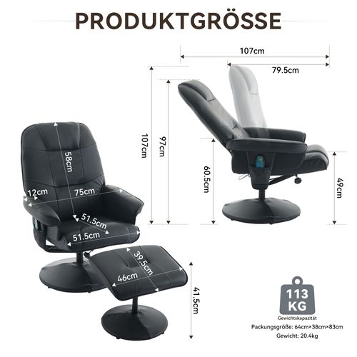 Fauteuil De Massage Inclinable En Pu Noir Avec Chauffage, Repose-pieds Et Rotation 360°