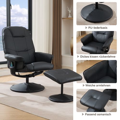 Fauteuil De Massage Inclinable En Pu Noir Avec Chauffage, Repose-pieds Et Rotation 360°