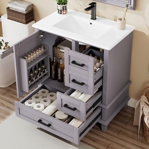 Meuble De Salle De Bain Gris 76x46x83,5 Cm Avec Vasque Céramique Et 3 Tiroirs Silencieux