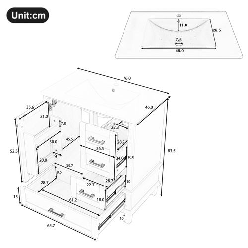 Meuble De Salle De Bain Gris 76x46x83,5 Cm Avec Vasque Céramique Et 3 Tiroirs Silencieux