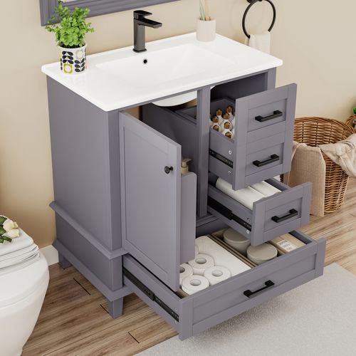 Meuble De Salle De Bain Gris 76x46x83,5 Cm Avec Vasque Céramique Et 3 Tiroirs Silencieux