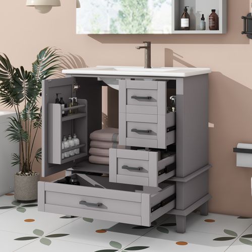 Meuble De Salle De Bain Gris 76x46x83,5 Cm Avec Vasque Céramique Et 3 Tiroirs Silencieux