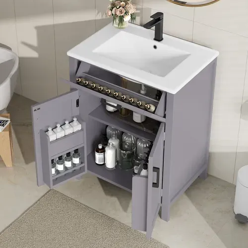 Meuble De Salle De Bain Gris 60x46x84,8 Cm Avec Double Porte Et Vasque Céramique