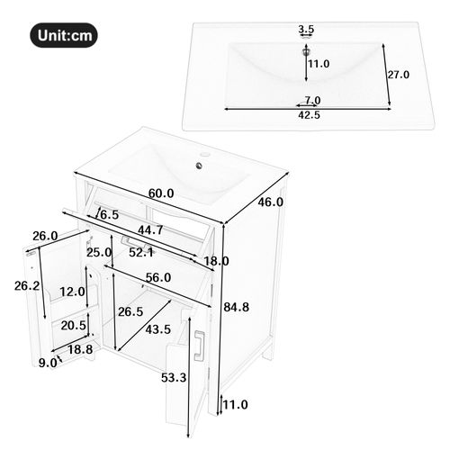 Meuble De Salle De Bain Gris 60x46x84,8 Cm Avec Double Porte Et Vasque Céramique