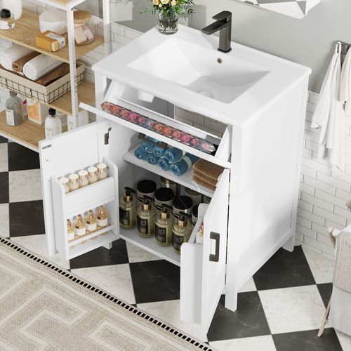 Meuble De Salle De Bain Blanc 60x46x84,8 Cm Avec Double Porte Et Vasque Céramique