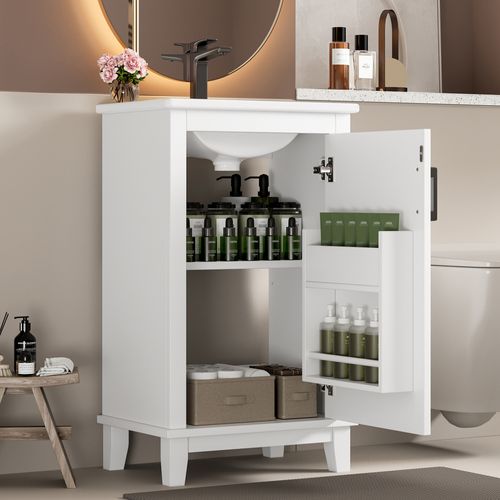 Meuble De Salle De Bain Blanc Compact 51x34x83 Cm Avec Vasque Céramique Intégrée