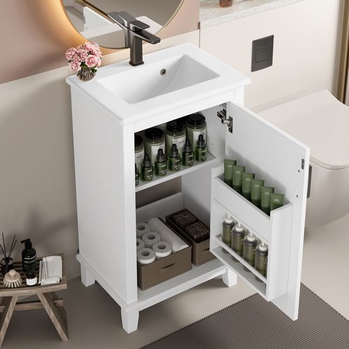 Meuble De Salle De Bain Blanc Compact 51x34x83 Cm Avec Vasque Céramique Intégrée