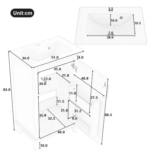Meuble De Salle De Bain Blanc Compact 51x34x83 Cm Avec Vasque Céramique Intégrée