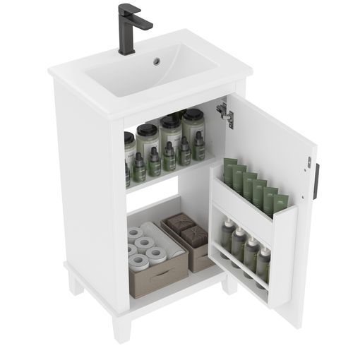 Meuble De Salle De Bain Blanc Compact 51x34x83 Cm Avec Vasque Céramique Intégrée