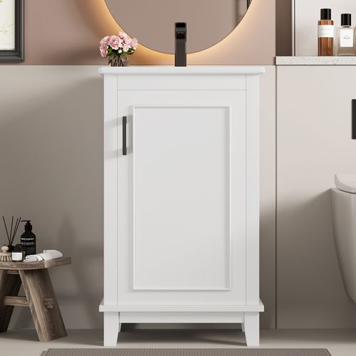 Meuble De Salle De Bain Blanc Compact 51x34x83 Cm Avec Vasque Céramique Intégrée