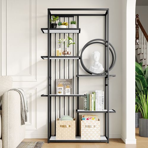 étagère Métallique Moderne 6 Niveaux En Acier Et Mdf, Design Géométrique Noir Et Blanc