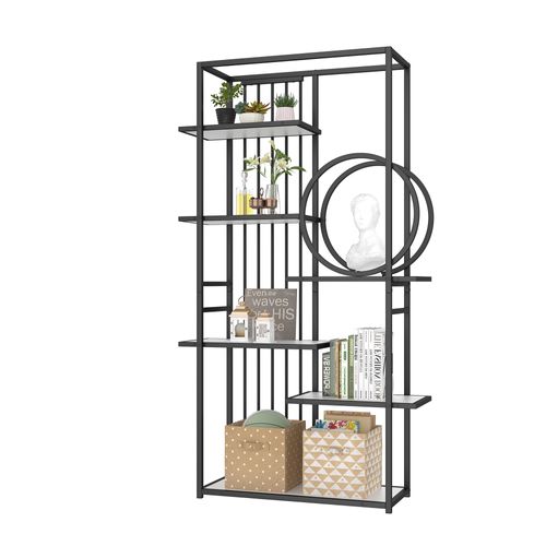 étagère Métallique Moderne 6 Niveaux En Acier Et Mdf, Design Géométrique Noir Et Blanc