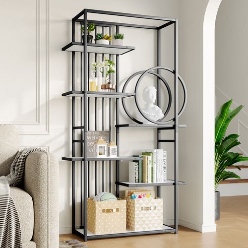 étagère Métallique Moderne 6 Niveaux En Acier Et Mdf, Design Géométrique Noir Et Blanc