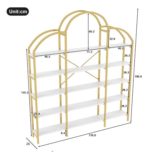 étagère Design Nuage à 5 Niveaux, Acier Doré Et Mdf Blanc, 170x26x190 Cm
