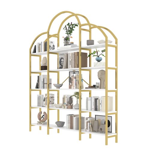 étagère Design Nuage à 5 Niveaux, Acier Doré Et Mdf Blanc, 170x26x190 Cm