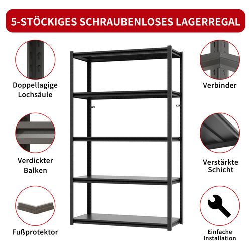étagère Lourde 5 Niveaux Réglable, Métal Noir 183x90x40 Cm, 650 Kg Capacité