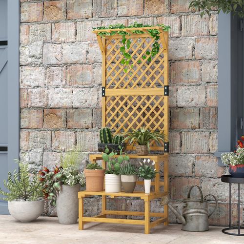 Étagère à Plantes En Bois à 2 Niveaux Avec Treillis, Pour Jardin Et Terrasse 60x50x166 Cm Jaune