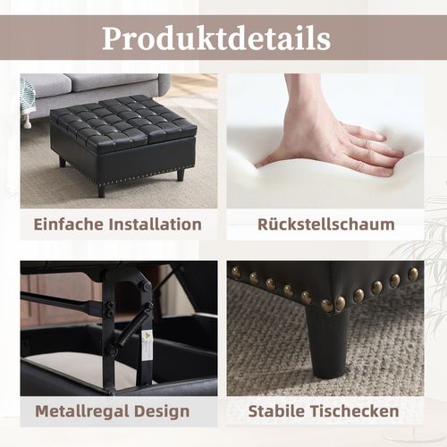 Pouf Coffre De Rangement Relevable En Pu Noir Pour Salon Et Chambre