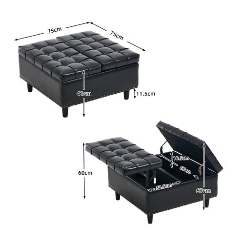 Pouf Coffre De Rangement Relevable En Pu Noir Pour Salon Et Chambre